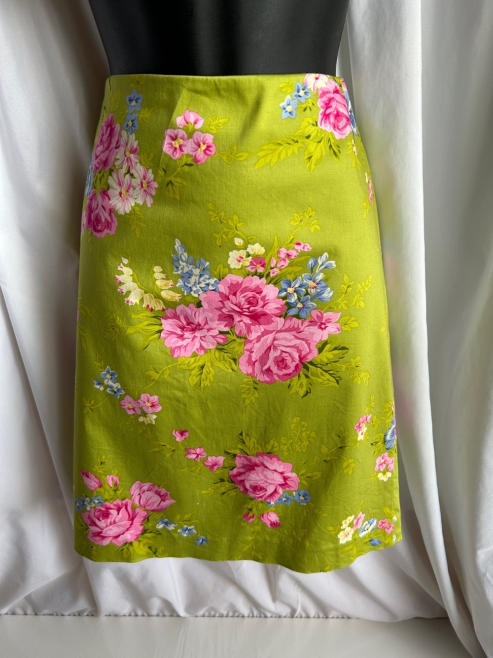 Jones New York Country Green Floral Cotton Blend Stretch Zip Pencil Skirt